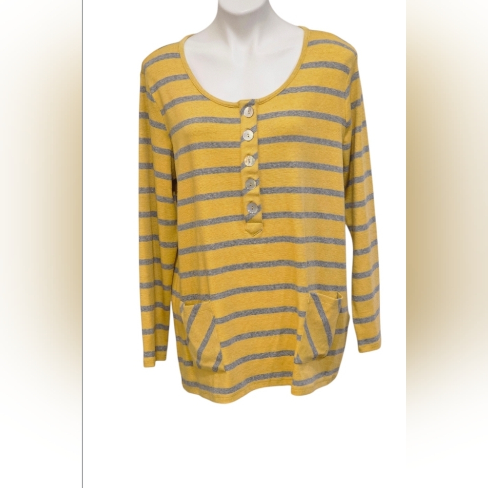 Soft Surroundings Yellow Striped Button-Front Top - image 1